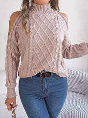 Cable Knit Cold Shoulder Turtleneck Sweater featuring stylish cutouts and a cozy cable-knit design.