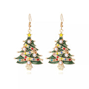 18K Gold Christmas Tree Earrings with rhinestones and pearls in festive design