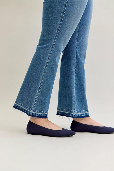 Judy Blue High-Waist Straight Leg Jeans worn with navy ballet flats, showcasing a stylish and comfortable outfit.