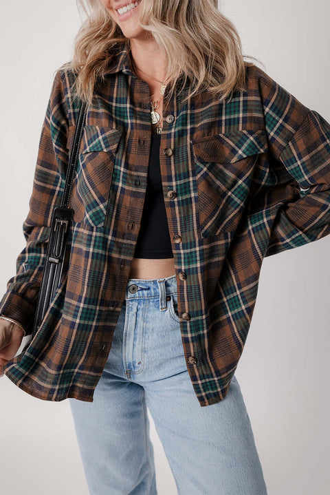 brown plaid button-up shacket styled with jeans and tan top for a cozy fall outfit