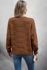 Classic Round Neck Loose Knit Sweater in brown, showcasing textured design and relaxed fit from the back.