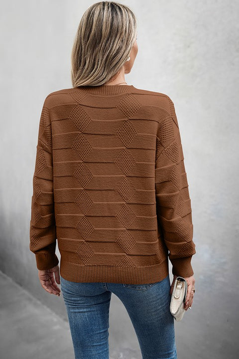 Classic Round Neck Loose Knit Sweater in brown, showcasing textured design and relaxed fit from the back.