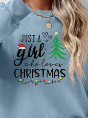 Letter Graphic Round Neck Sweatshirt featuring a festive design with Christmas elements.