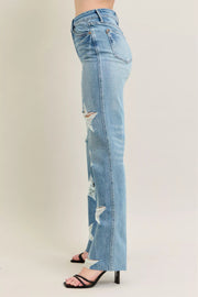 Side view of Judy Blue Plus Size High Waist Magic Star Destroy 90’s Straight Jeans with distressed star details.