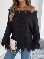 Distressed Hem Openwork Off-Shoulder Sweater – Relaxed Knit in black worn with casual jeans.