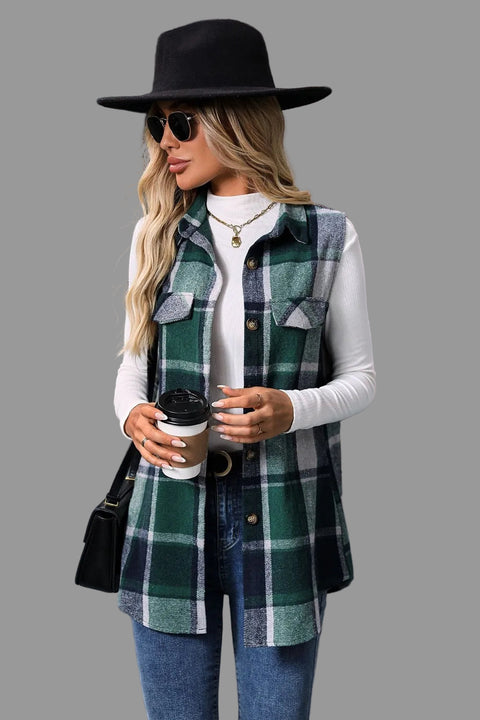 Model wearing a Plaid Button-Up Vest Coat with a cup of coffee, showcasing a stylish layered outfit.