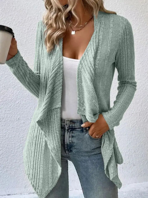 Open Front Long Sleeve Cardigan in soft green, worn casually with a cup of coffee, perfect for cool days.