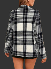 Back view of a woman wearing a stylish Plaid Single-Button Blazer in black and white, perfect for winter layering.