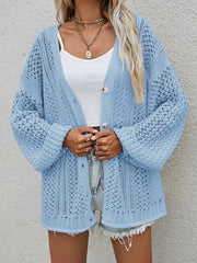 Model wearing Openwork Button Front Cardigan in light blue with a casual outfit.