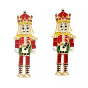 18K Gold Pearl Rhinestone Earrings Colorful nutcracker soldier earrings with gold, red, and green detailing, adding a festive touch to holiday styles.