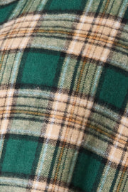 Close-up of the fabric pattern of the Mandy Plaid Collared Shirt in green, beige, and navy plaid.