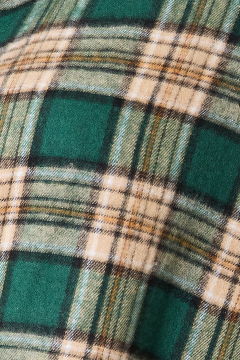 Close-up of the fabric pattern of the Mandy Plaid Collared Shirt in green, beige, and navy plaid.