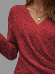 Surplice Long Sleeve Knit Top in red with a V-neckline and ribbed detailing worn with layered necklaces.