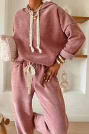 Lace Drawstring Two-Piece Set in pink, featuring a cozy hoodie and matching pants with intricate lace details.