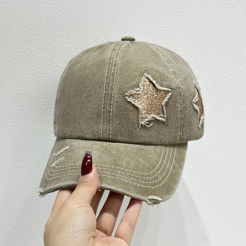 Star Embroidered Baseball Cap with distressed star stitching, adjustable fit, perfect for adding sparkle to outfits.