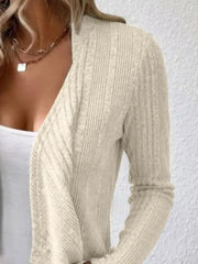 Open Front Long Sleeve Cardigan in a soft beige, featuring a ribbed texture and cozy fit.
