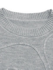 Embroidered Flower Bow Sweater with Rhinestone Detail – Round Neck Long Sleeve, gray knit sweater close-up.