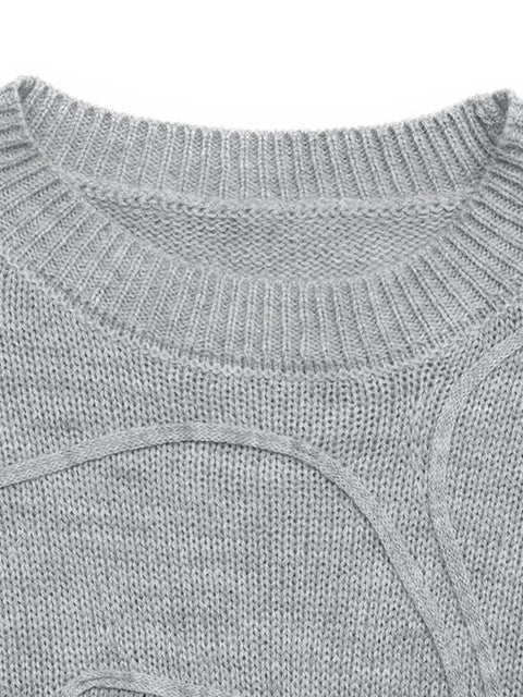 Embroidered Flower Bow Sweater with Rhinestone Detail – Round Neck Long Sleeve, gray knit sweater close-up.