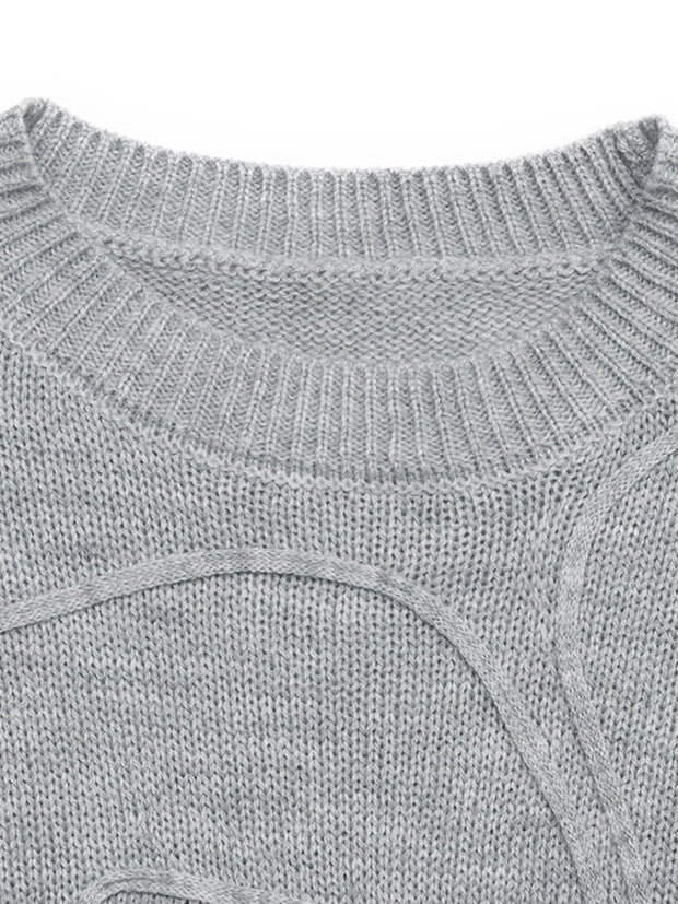 Embroidered Flower Bow Sweater with Rhinestone Detail – Round Neck Long Sleeve, gray knit sweater close-up.