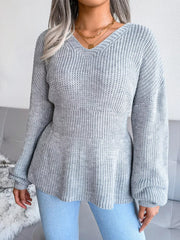 V-Neck Dropped Shoulder Sweater in gray, featuring ribbed detail and a peplum design, perfect for stylish comfort.