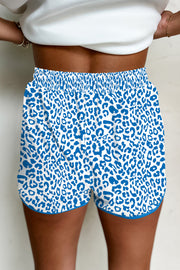 Blue Leopard Elastic Waistband Lace up Contrast Trim Casual Shorts