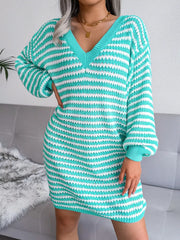 Striped Ribbed V-Neck Sweater Dress – Long Sleeve Knit featuring a turquoise and white striped pattern.
