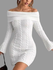 off-shoulder cable knit sweater dress in white with ribbed fold-over neckline and cozy fit.