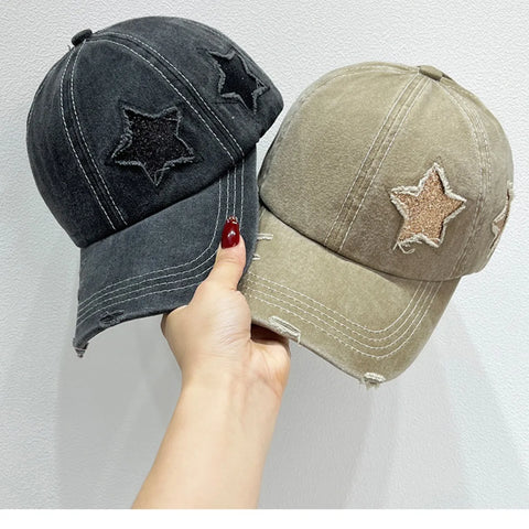 Star Embroidered Baseball Cap in black and khaki, featuring distressed star designs for a trendy, relaxed look.