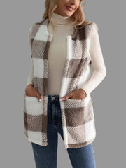 Plaid Sherpa Vest Coat worn by a model, featuring a cozy design and stylish pockets, perfect for everyday outfits.