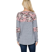 Woman wearing a Camouflage Contrast Lightweight Sweater Knit, showing the back view with textured camo print details.