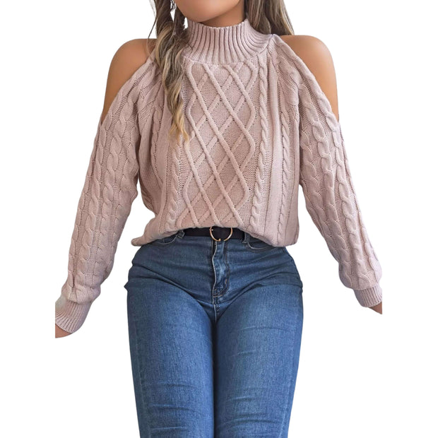 Cable Knit Cold Shoulder Turtleneck Sweater in soft pink with stylish shoulder cutouts and classic cable-knit design.