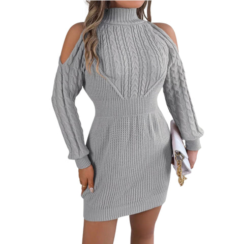 Cold Shoulder Cable Knit Turtleneck Sweater Dress – Long Sleeve Cutout Knit Dress
