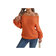 Trendy Openwork Off-Shoulder Knit Sweater – Cozy Fall Long Sleeve Top in orange worn with jeans.