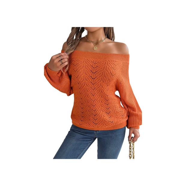 Trendy Openwork Off-Shoulder Knit Sweater – Cozy Fall Long Sleeve Top in orange worn with jeans.
