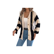 Cozy Color Block Button-Up Cardigan – Long Sleeve Knit Sweater worn with a tank top and high-waisted jeans