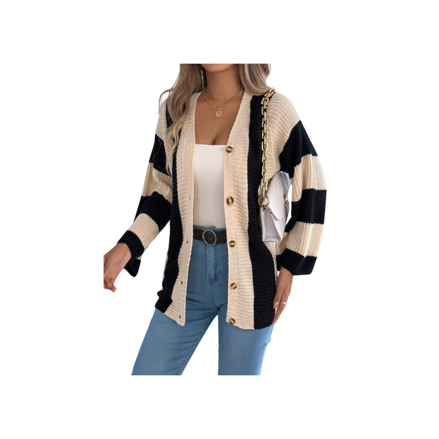 Cozy Color Block Button-Up Cardigan – Long Sleeve Knit Sweater worn with a tank top and high-waisted jeans