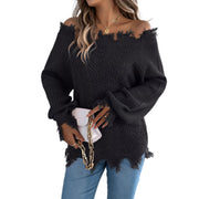 Distressed Hem Openwork Off-Shoulder Sweater – Relaxed Knit in black worn with jeans and accessories.