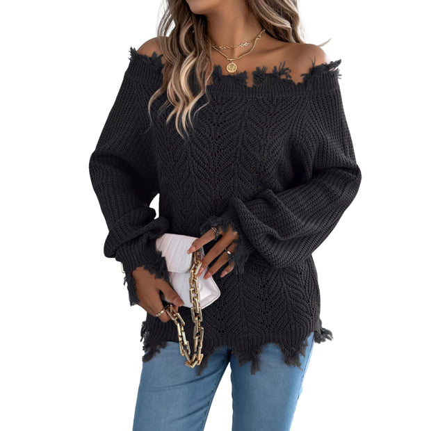 Distressed Hem Openwork Off-Shoulder Sweater – Relaxed Knit in black worn with jeans and accessories.