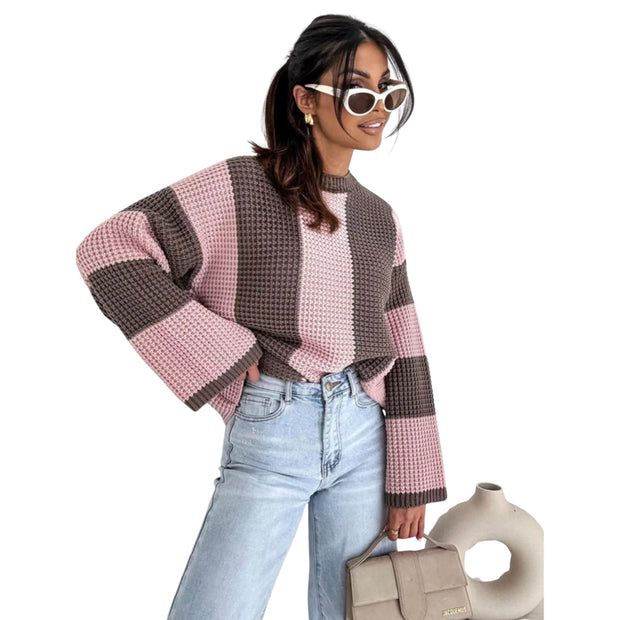 Cozy Color Block Oversized Sweater featuring a relaxed fit and trendy color blocks in pink and brown.