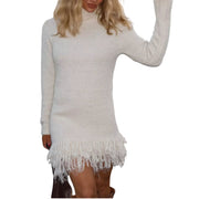 Cozy Fringe Turtleneck Sweater Dress – Long Sleeve Knit featuring a chic fringe hem and soft knit for warmth and style.