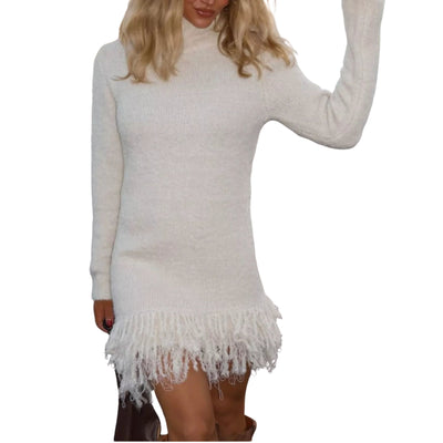 Cozy Fringe Turtleneck Sweater Dress – Long Sleeve Knit featuring a chic fringe hem and soft knit for warmth and style.
