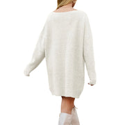 V-Neck Dropped Shoulder Sweater Dress – Cozy Knit Style showcasing the relaxed back view with dropped shoulders.
