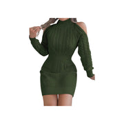 Cold Shoulder Cable Knit Turtleneck Sweater Dress – Long Sleeve Cutout Knit Dress in green with chic turtleneck and cable texture.