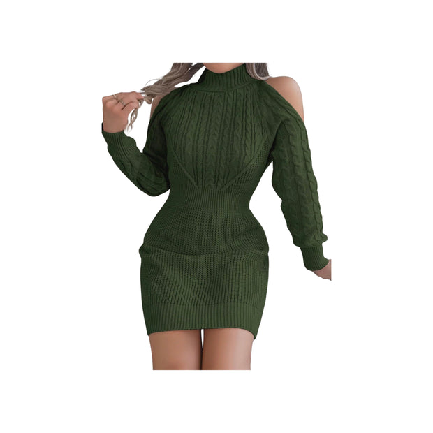 Cold Shoulder Cable Knit Turtleneck Sweater Dress – Long Sleeve Cutout Knit Dress in green with chic turtleneck and cable texture.