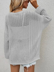 Openwork Button Front Cardigan featuring a stylish openwork design in light grey, perfect for casual layering.