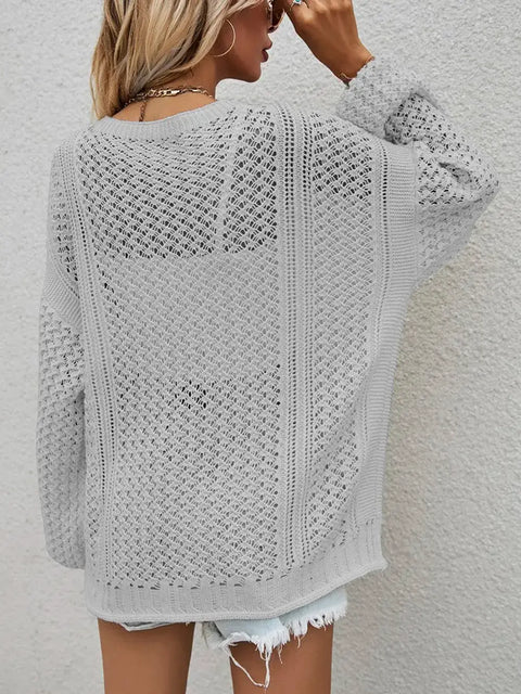 Openwork Button Front Cardigan featuring a stylish openwork design in light grey, perfect for casual layering.