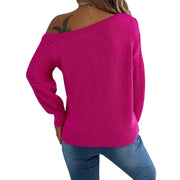 One-Shoulder Openwork Cutout Long Sleeve Sweater – Chic Knit Pullover in vibrant pink color, showcasing openwork details.