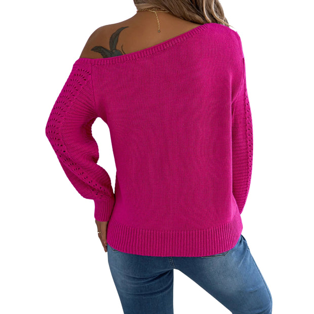 One-Shoulder Openwork Cutout Long Sleeve Sweater – Chic Knit Pullover in vibrant pink color, showcasing openwork details.