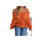 Trendy Openwork Off-Shoulder Knit Sweater – Cozy Fall Long Sleeve Top in orange with off-shoulder design and textured knit.
