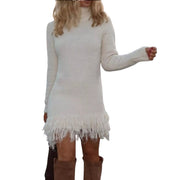 Cozy Fringe Turtleneck Sweater Dress – Long Sleeve Knit in cream color with chic fringe hem and long sleeves.